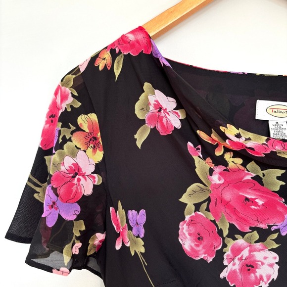 Talbots Size 8 Floral Dress Black Pink Midi Cap Sleeve Lunch Date Church Dress - Picture 6 of 15